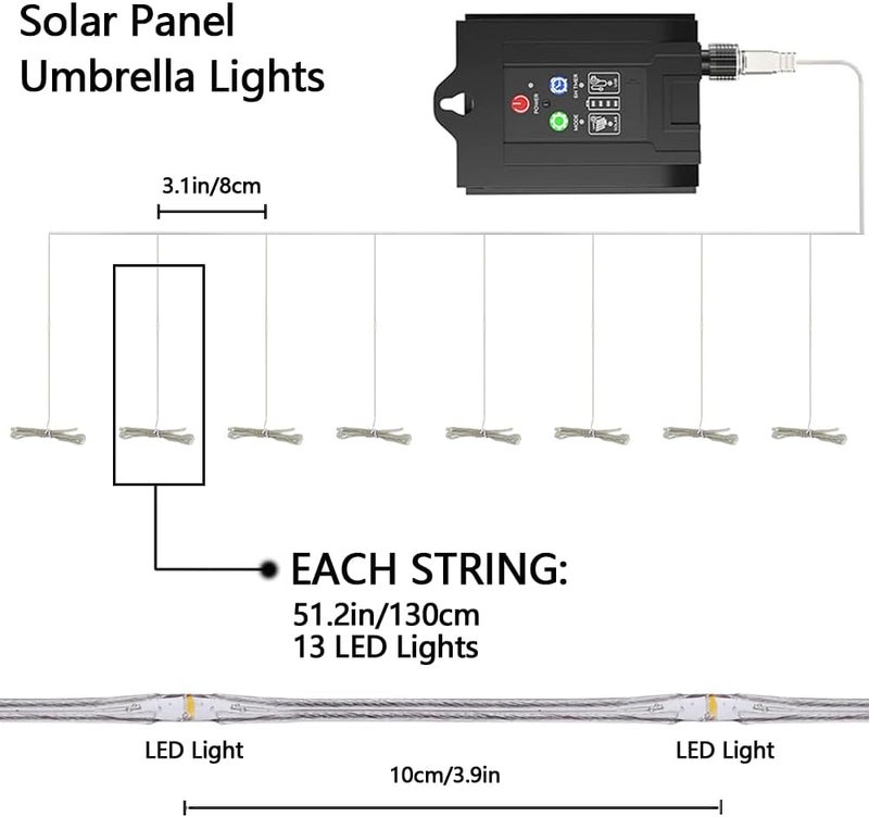 PULIVIA Solar Umbrella Lights Outdoor, Waterproof Solar Powered Patio Umbrella Lights Strings with 104 LEDs 8 Lighting Modes Remote Control, Warm White - Image 3